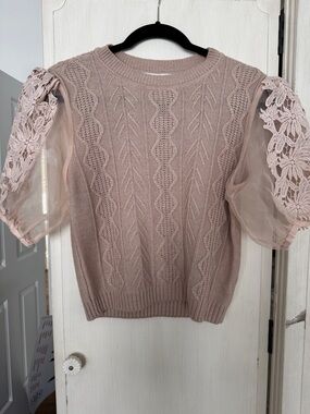 Astr Pink Knit Sweater Top with Lace Puff Sleeves